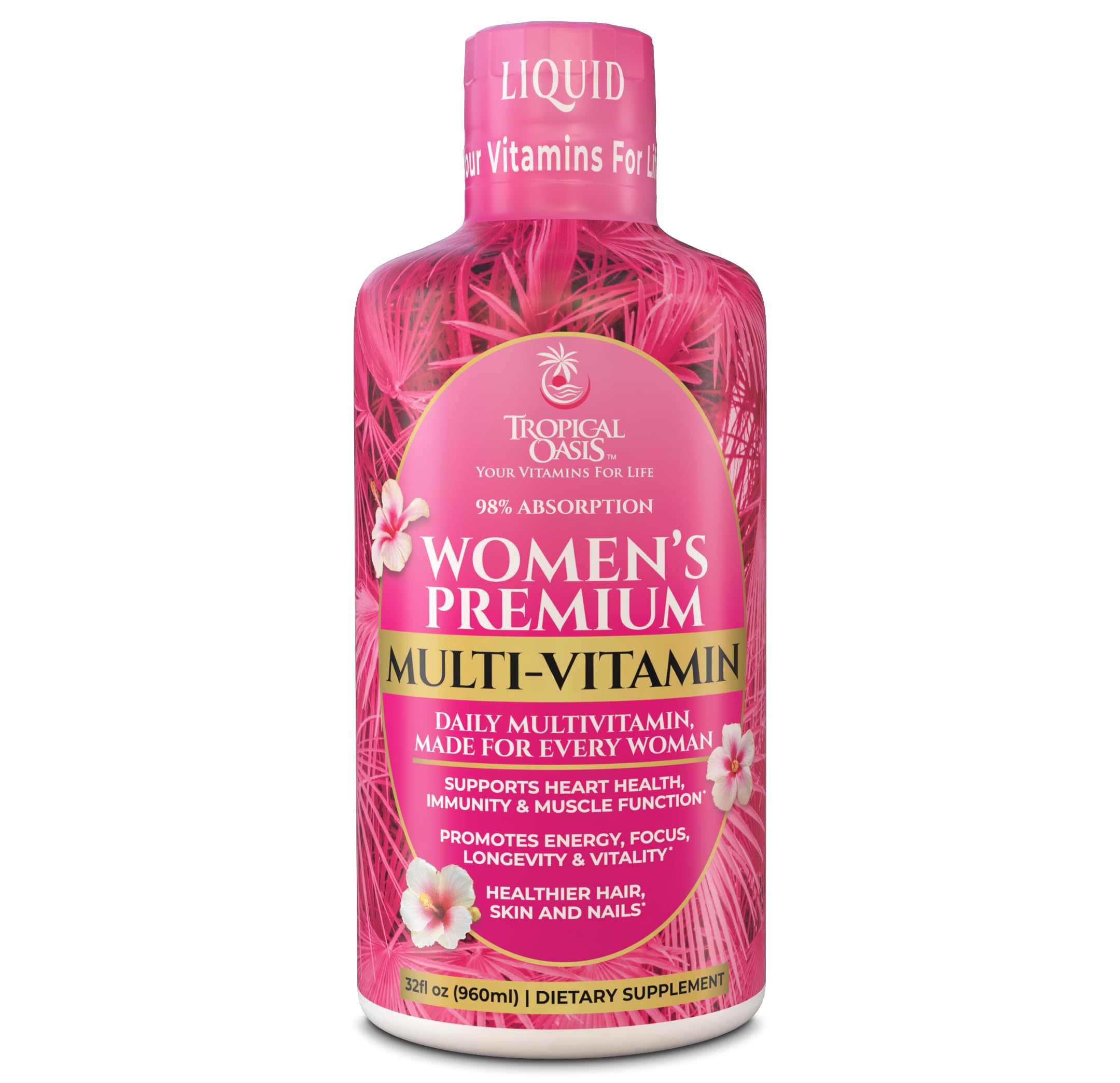 Tropical Oasis Women’s Liquid Multivitamin bottle for daily energy support.