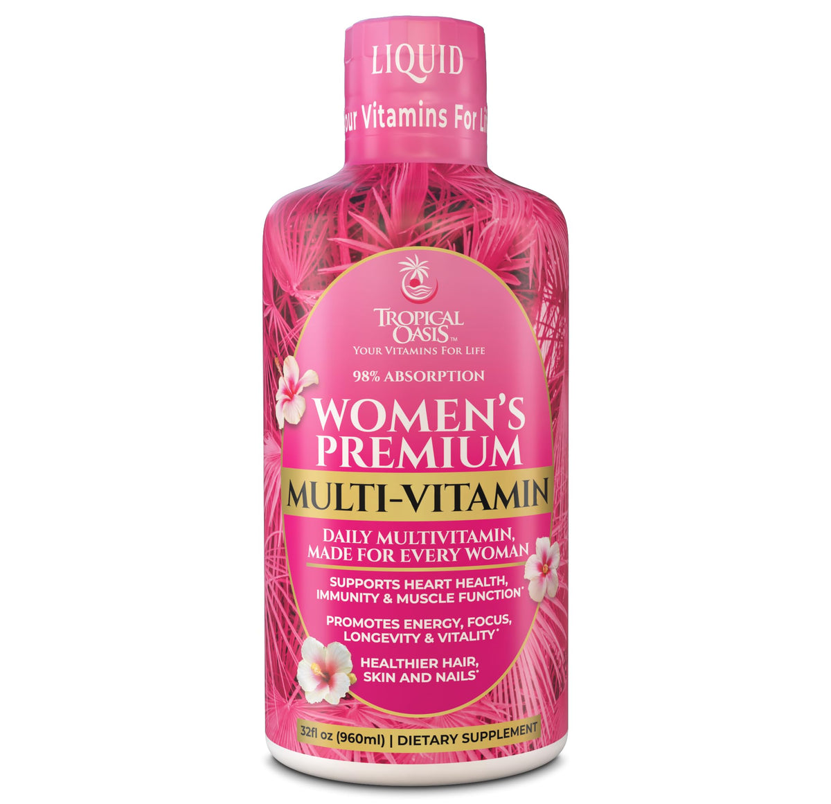 Tropical Oasis Women’s Liquid Multivitamin bottle for daily energy support.