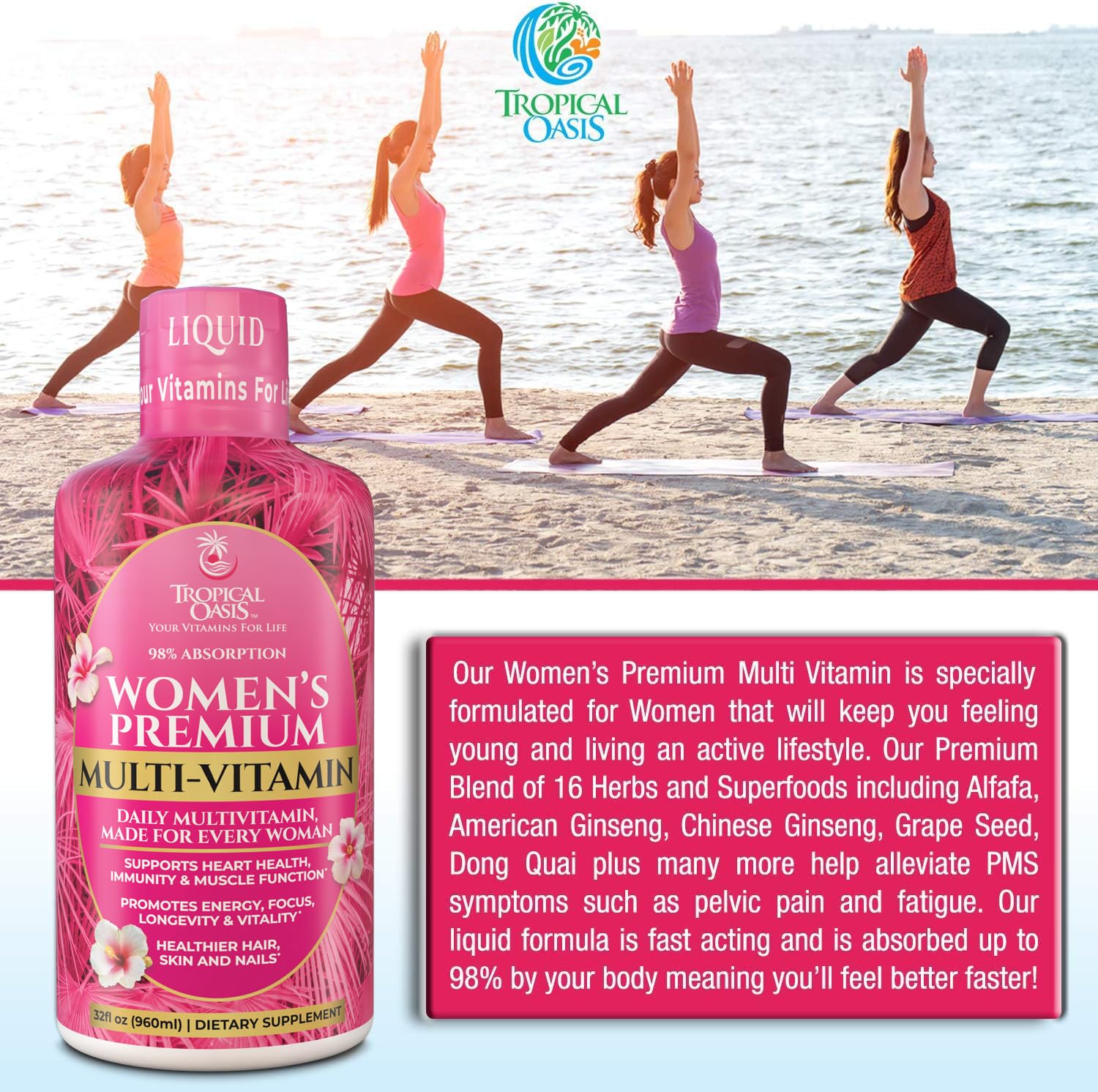 Tropical Oasis Women’s Multivitamin glass with bottle for daily vitality.