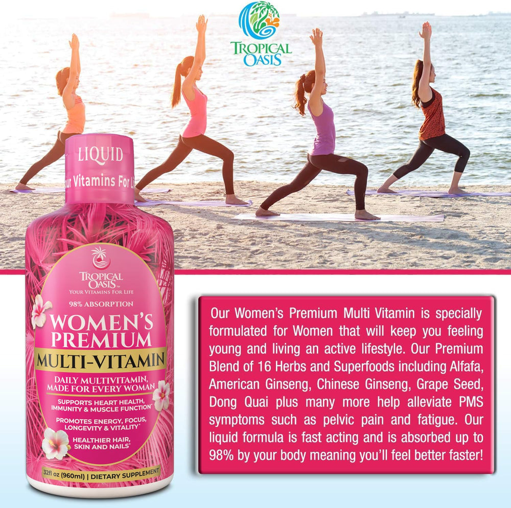 Tropical Oasis Women’s Multivitamin glass with bottle for daily vitality.