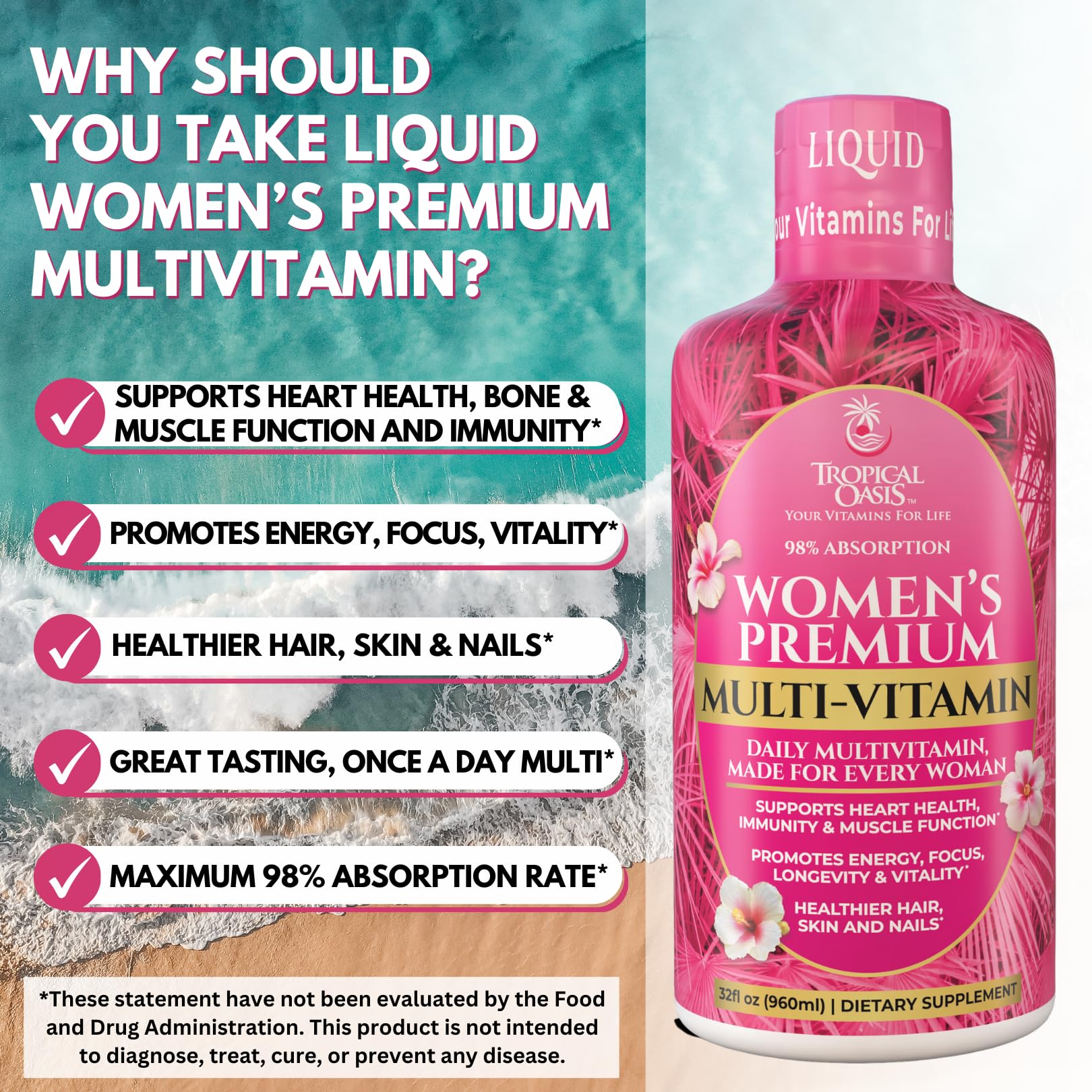 Tropical Oasis Women’s multivitamin in daily-use scene on countertop.