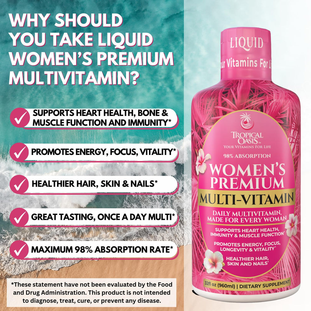 Tropical Oasis Women’s multivitamin in daily-use scene on countertop.