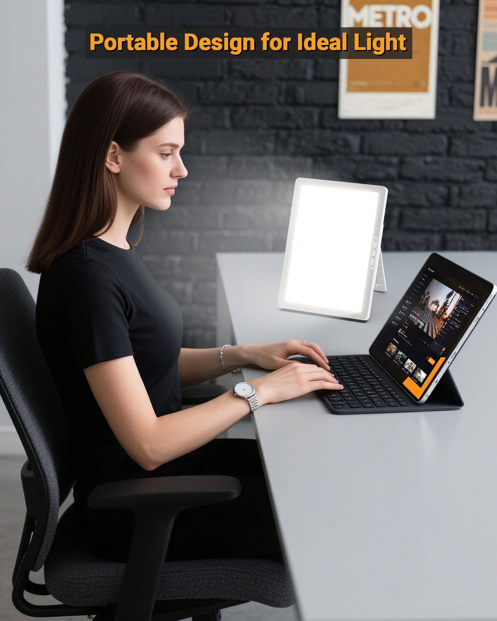 Ten brightness levels tailor intensity for tasks.