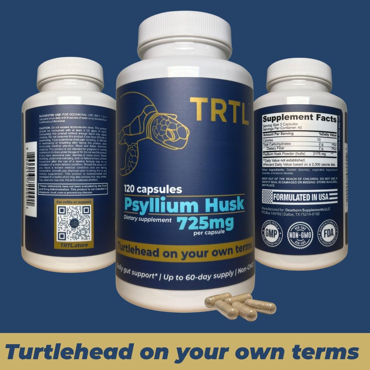TRTL psyllium capsules with glass of water for quick daily intake