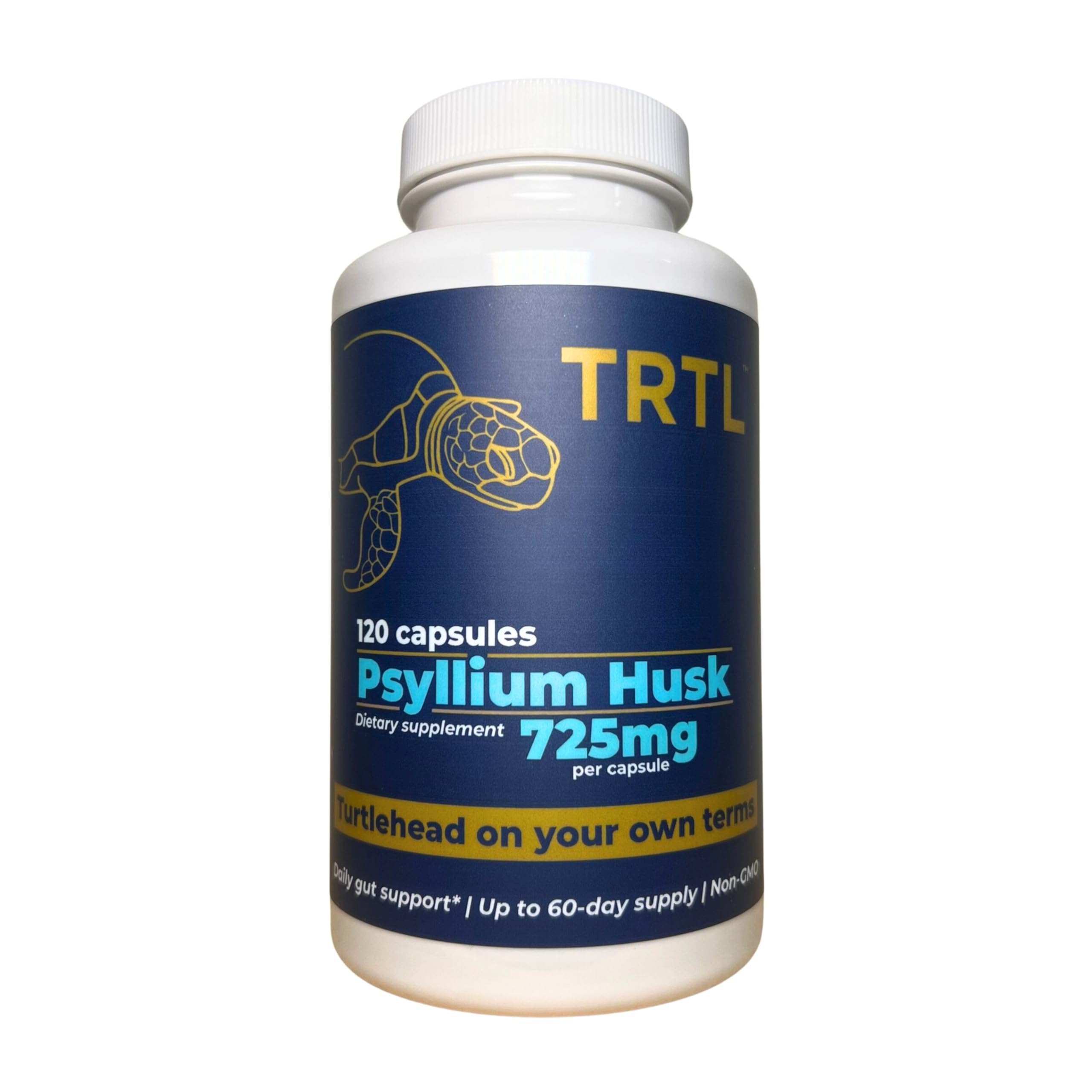 TRTL Supplements psyllium husk capsules bottle showing 120-count supply for daily fiber