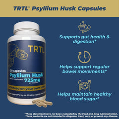 TRTL psyllium husk capsules out of package on light surface