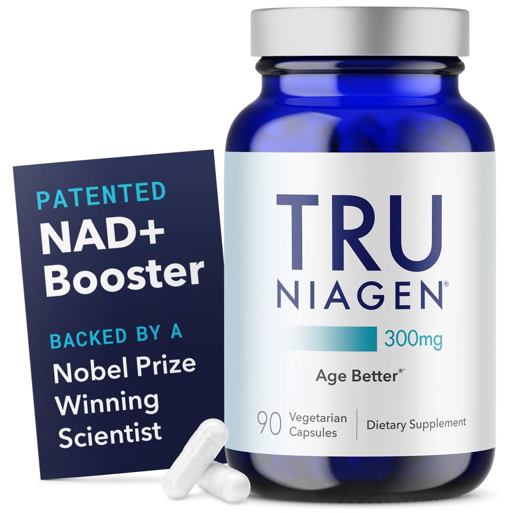 TRU NIAGEN bottle close-up showing NAD+ support for cellular energy.
