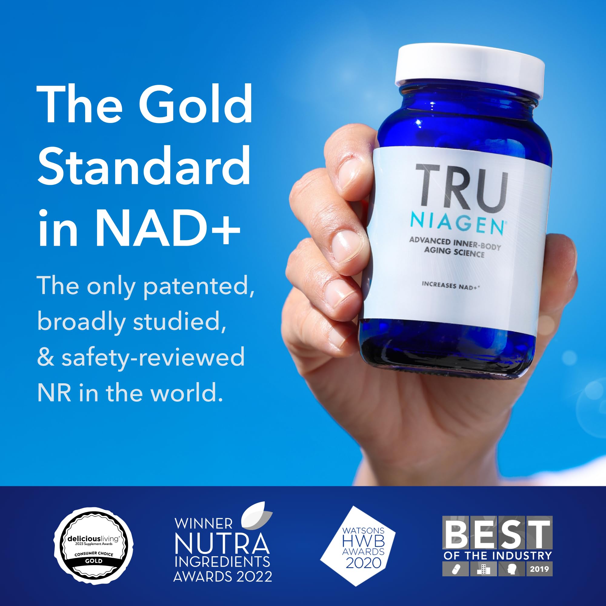 TRU NIAGEN glass bottle reflects premium science-backed wellness