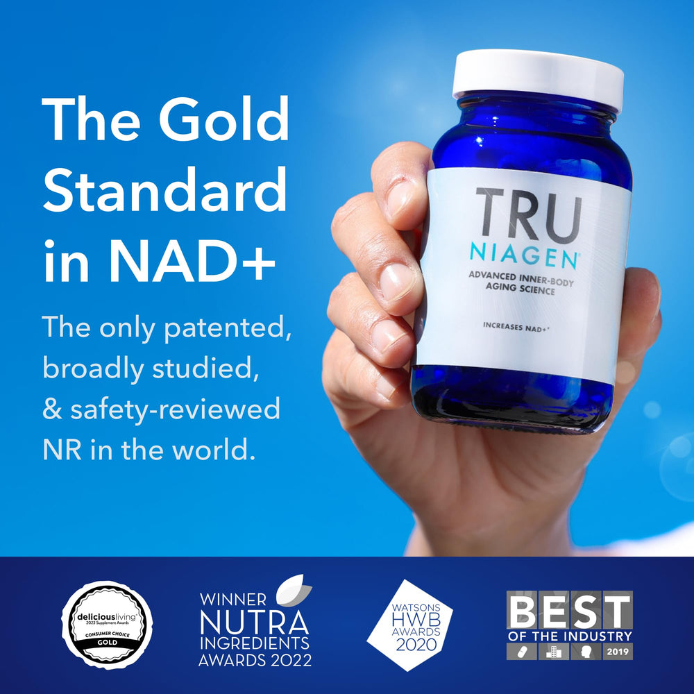 TRU NIAGEN glass bottle reflects premium science-backed wellness