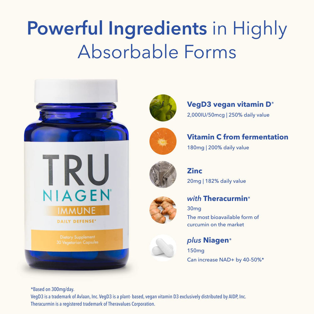 TRU NIAGEN Immune bottle back with ingredients and directions