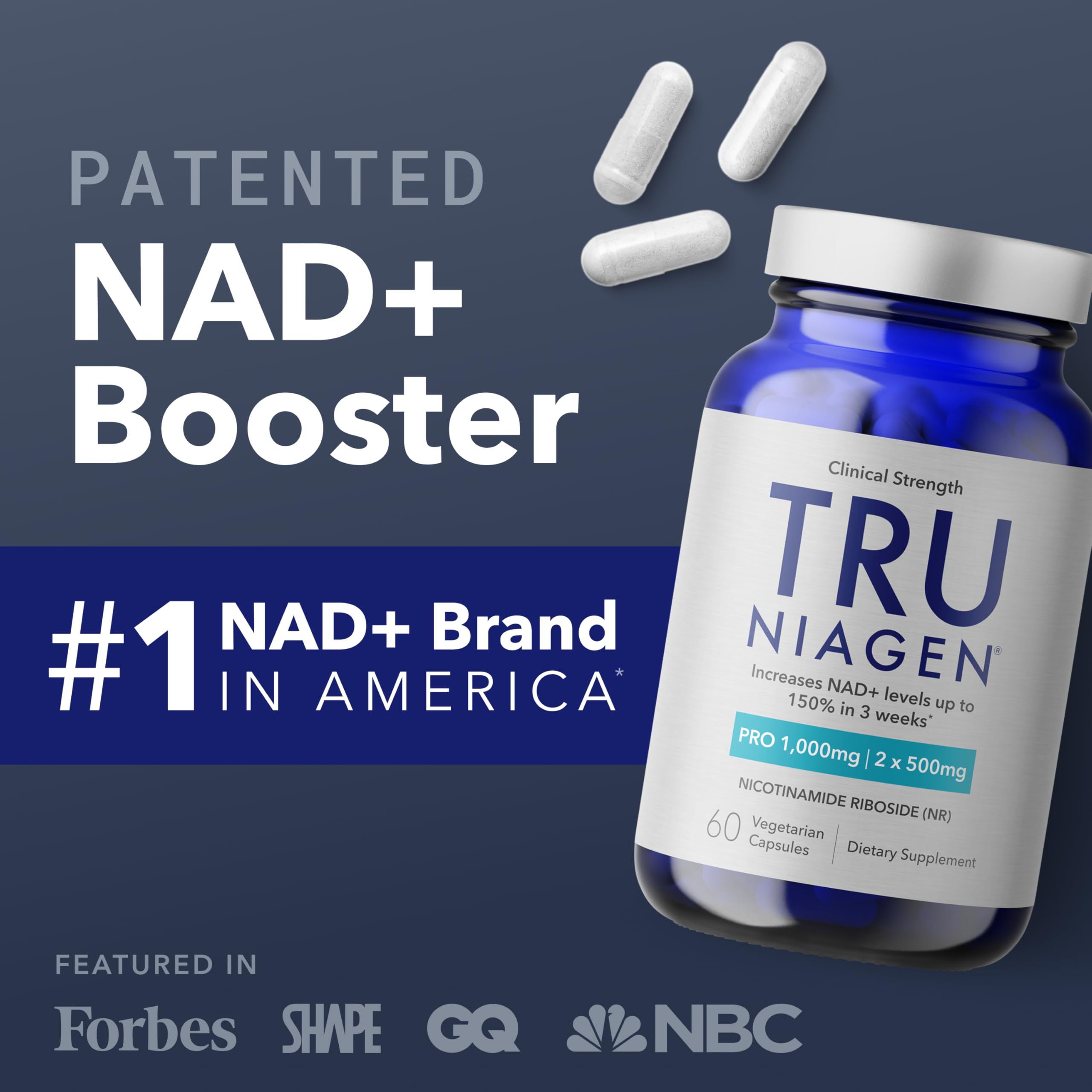 TRU NIAGEN PRO capsules close-up emphasizing NR-based NAD+ support