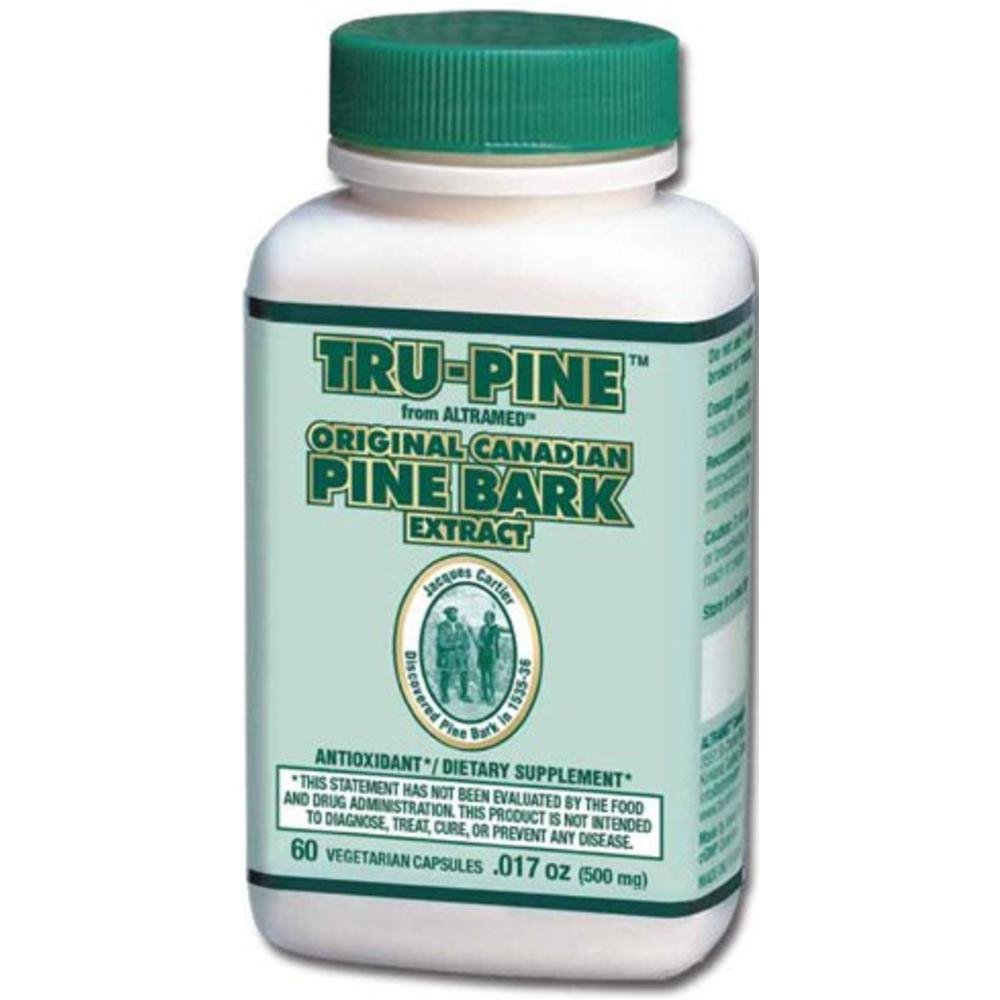TRU-PINE pine bark extract bottle highlighting high OPC content for antioxidant support