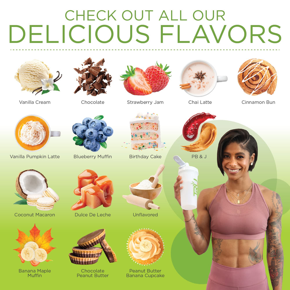 Serving scoop with TRU Coconut Macaron protein powder showing 25 servings per container.