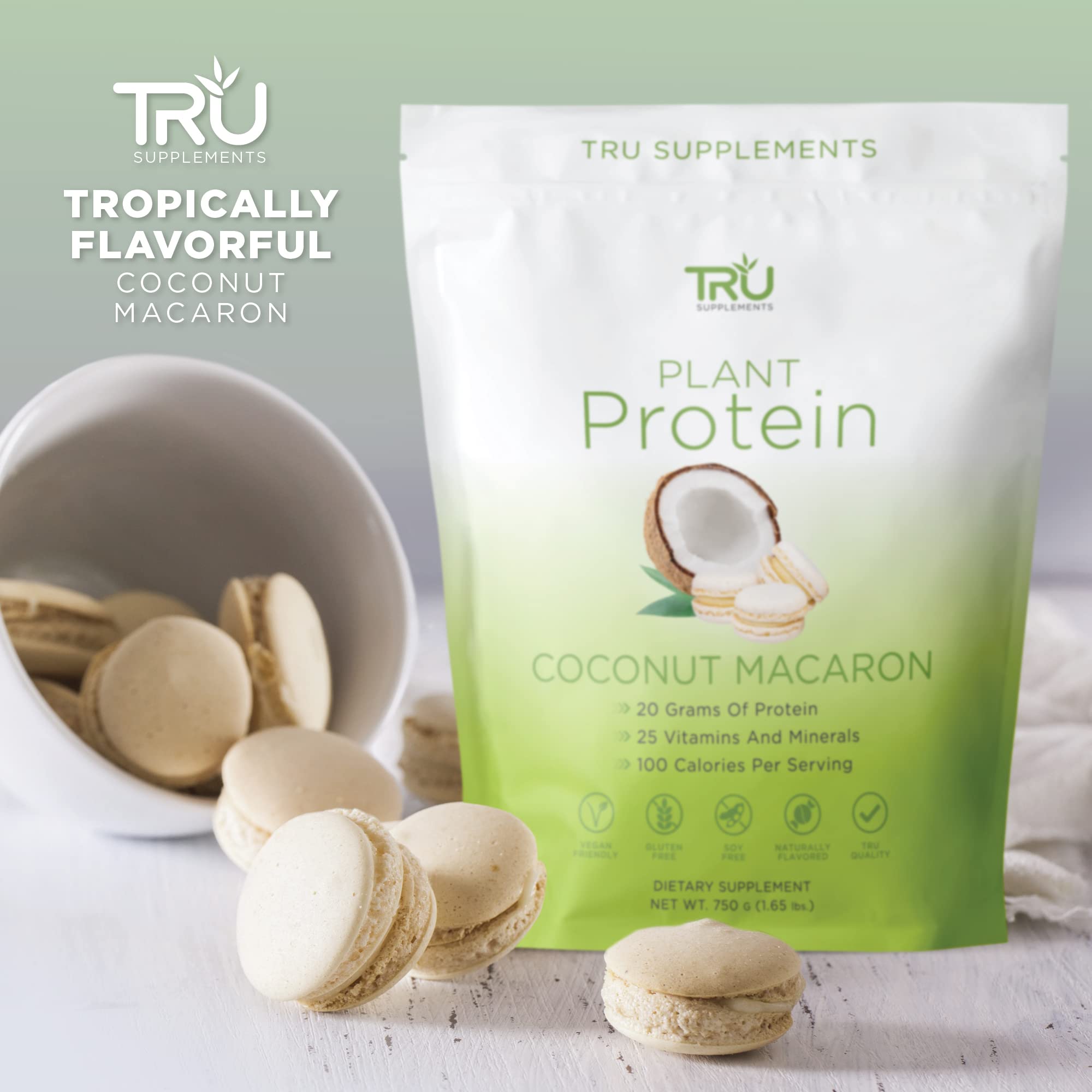 Nutrition panel on TRU Coconut Macaron protein powder canister highlighting vitamins and minerals.