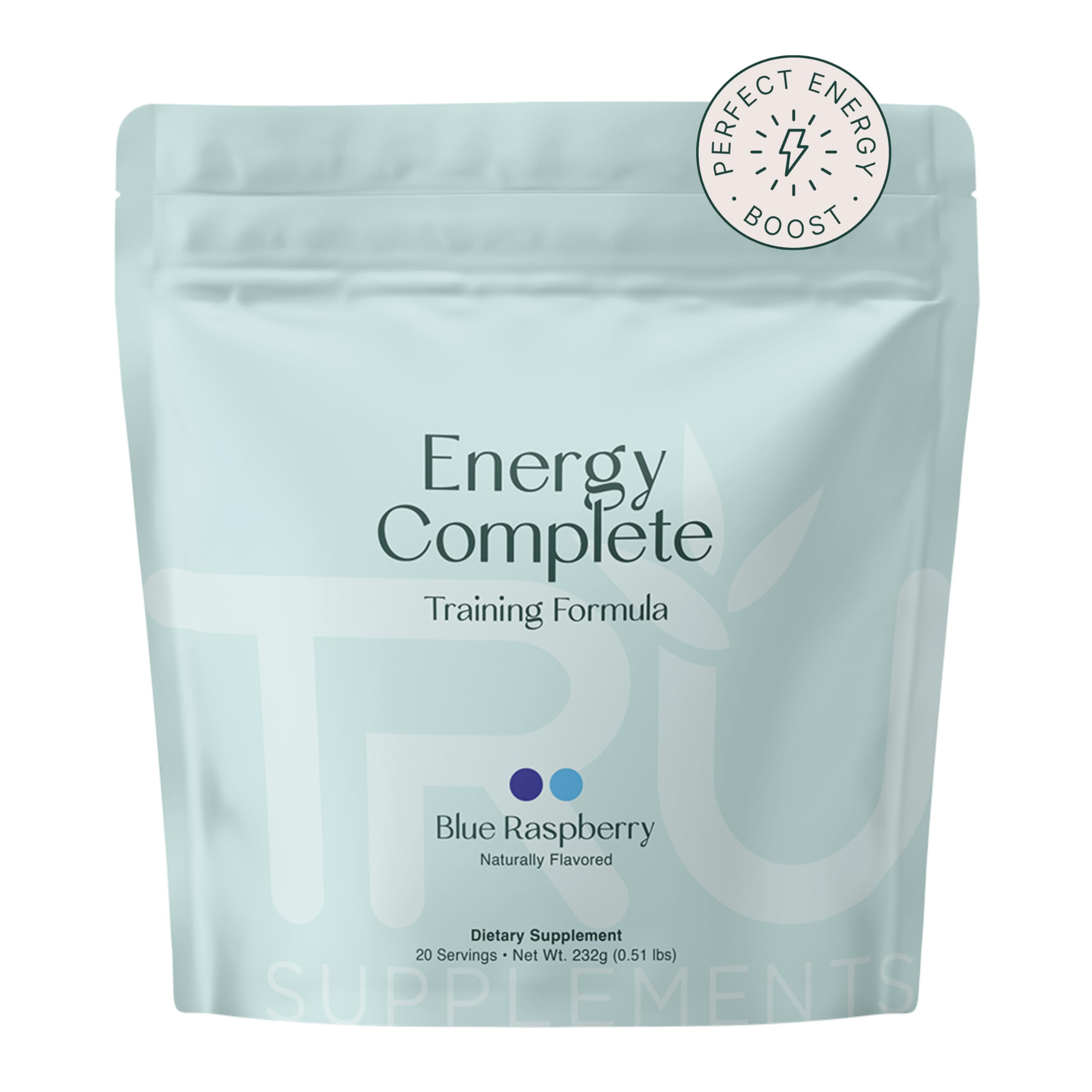 TRU Supplements Energy blue raspberry bottle in gym setting boosts workout focus