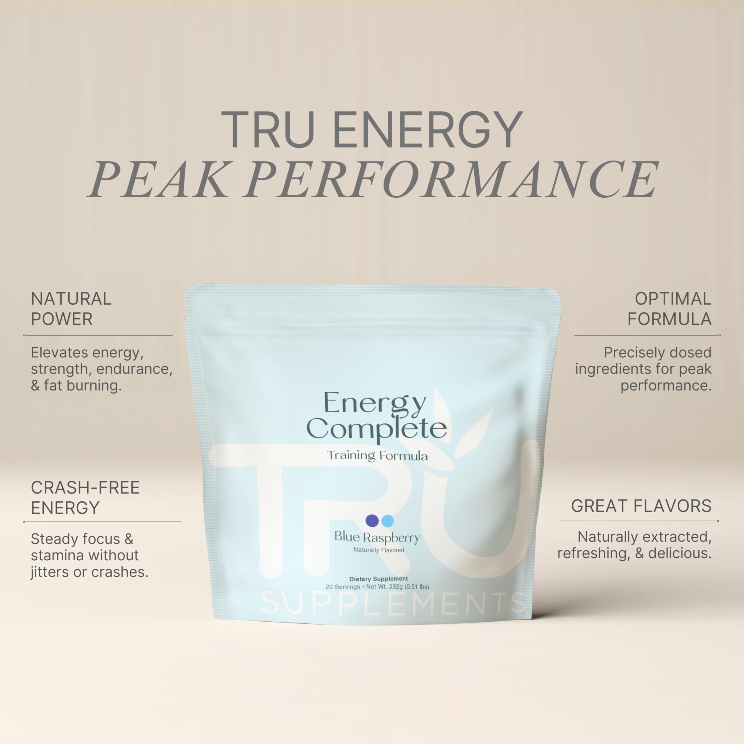 TRU Supplements Energy blue raspberry powder in scoop ready for mixing