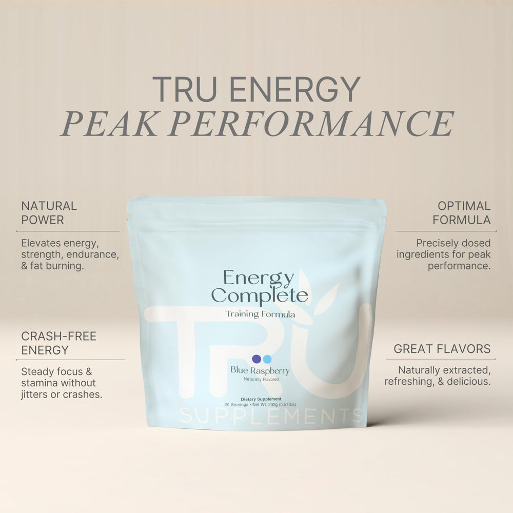 TRU Supplements Energy blue raspberry powder in scoop ready for mixing