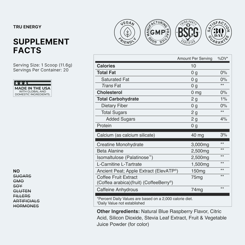 TRU Supplements Energy label close-up highlights vegan formula and clean ingredients