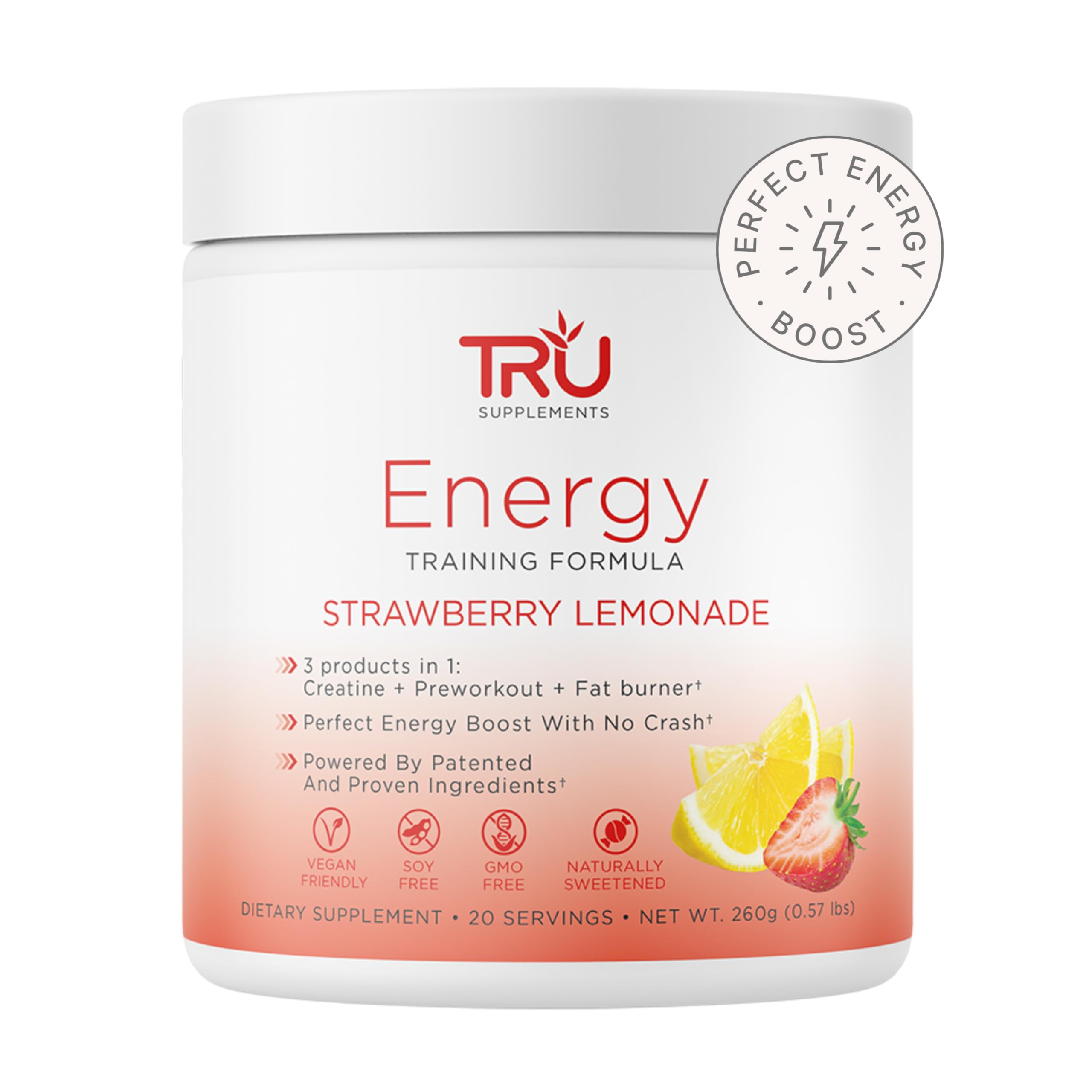 TRU Supplements Energy strawberry lemonade bottle delivering clean energy for workouts
