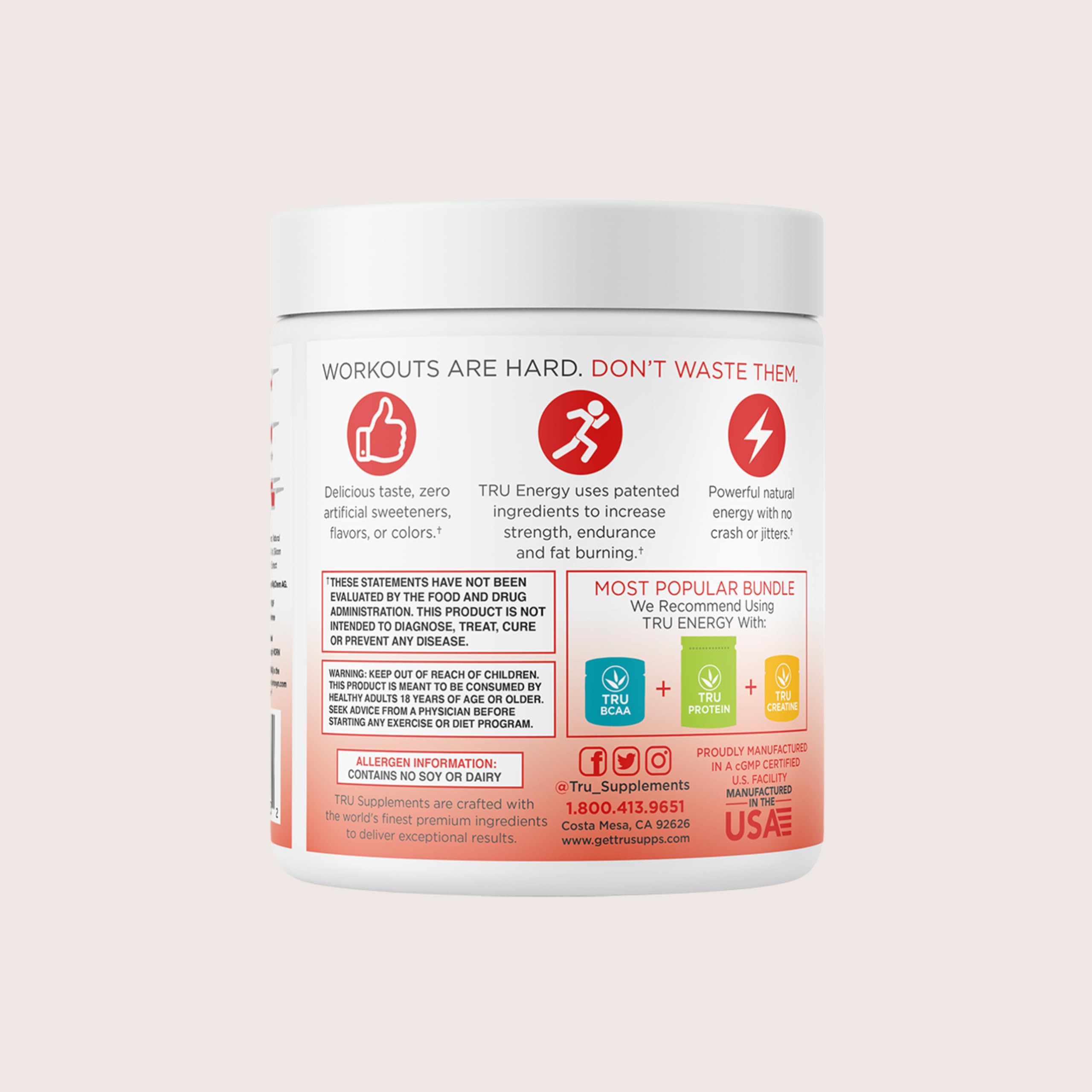 TRU Supplements Energy front packaging shows quick pre-workout mix and serving info