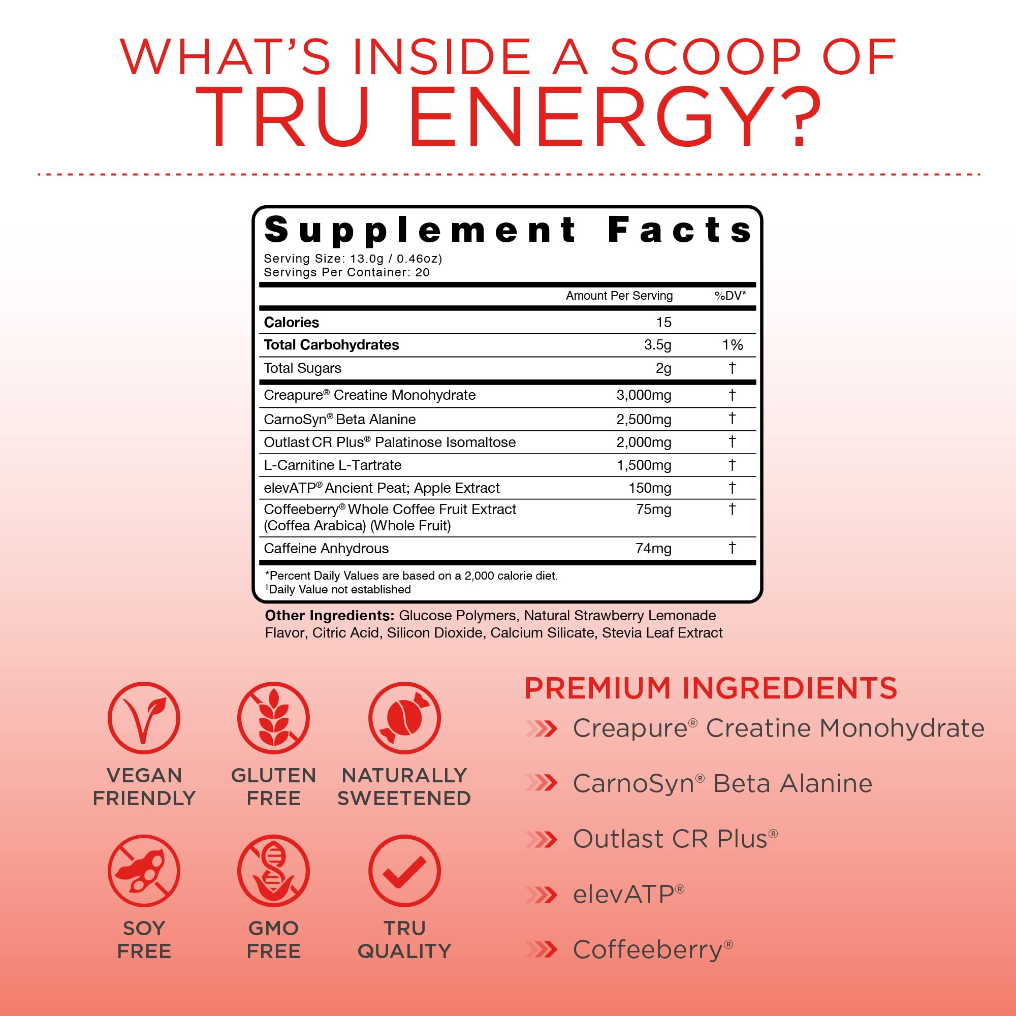 TRU Supplements Energy strawberry lemonade scoop shows precise dosing for performance