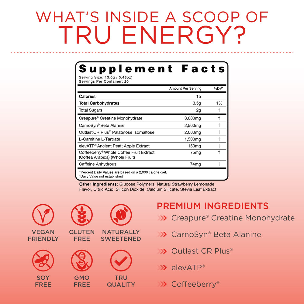 TRU Supplements Energy strawberry lemonade scoop shows precise dosing for performance