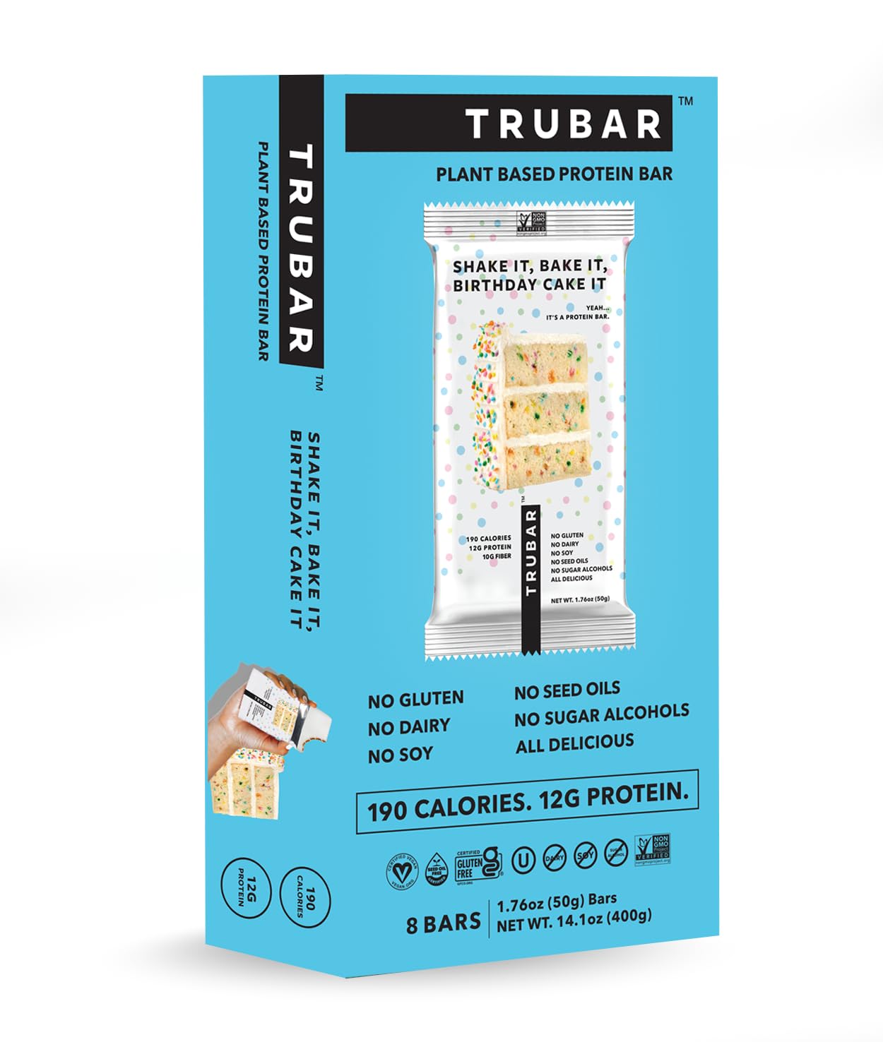 TRUBAR flavor lineup display showing Shake It Bake It Birthday Cake It among vegan options.