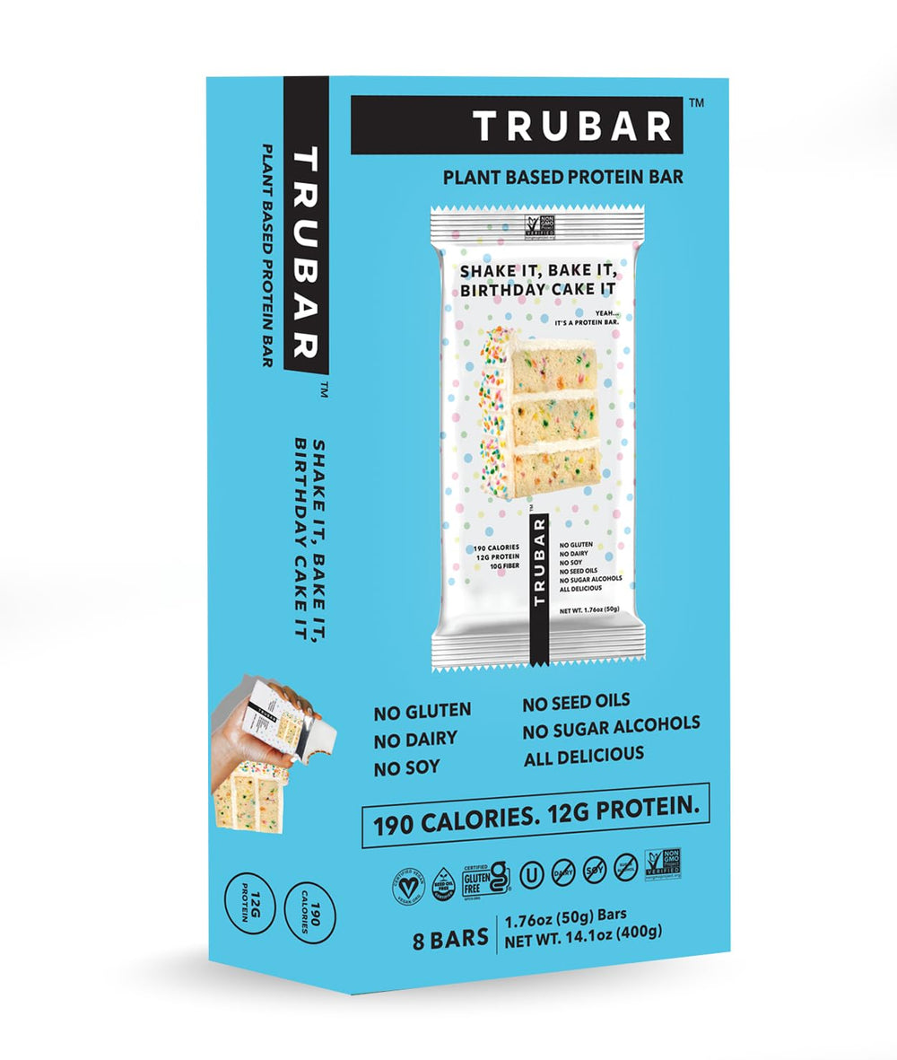 TRUBAR flavor lineup display showing Shake It Bake It Birthday Cake It among vegan options.