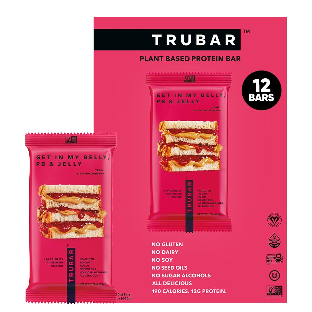 TRUBAR Get In My Belly PB & Jelly bar, front view, a tasty plant-based snack option.