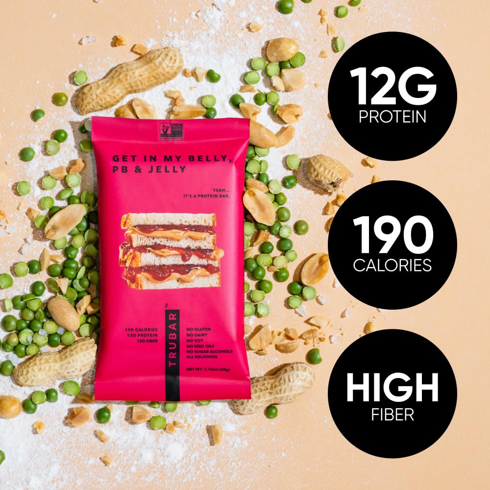 TRUBAR Get In My Belly PB & Jelly bar nutrition facts panel highlights protein and fiber.