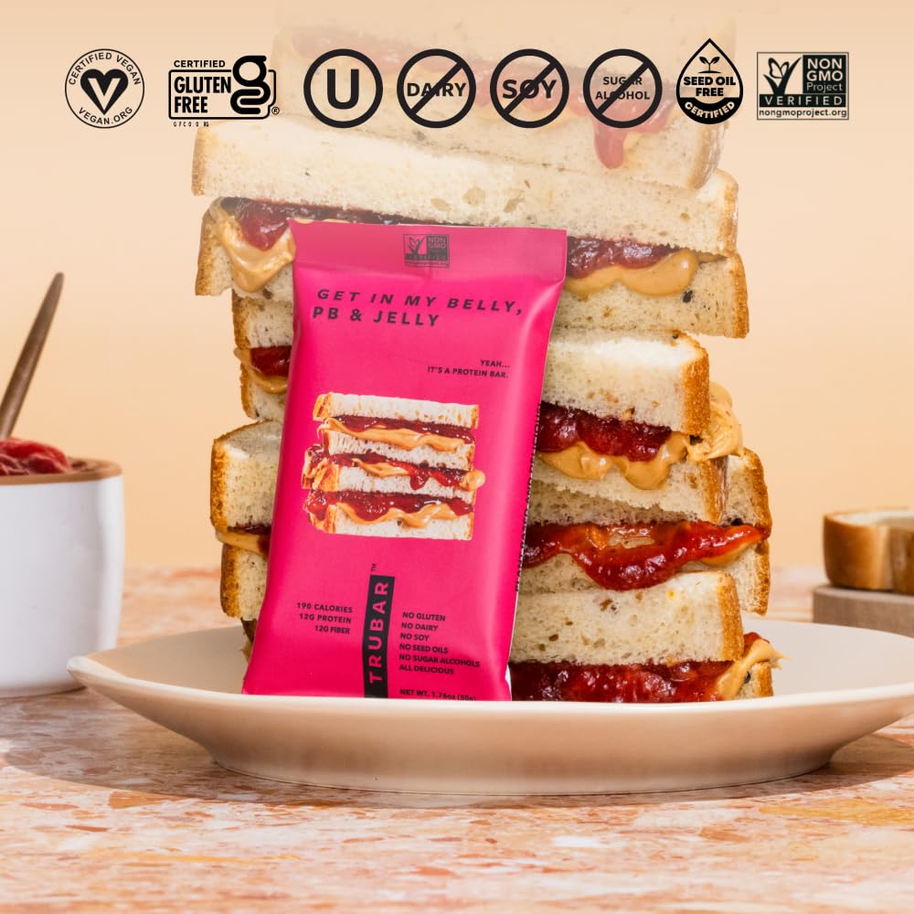 TRUBAR Get In My Belly PB & Jelly bar packaging on display emphasizes gluten-free, dairy-free credentials.