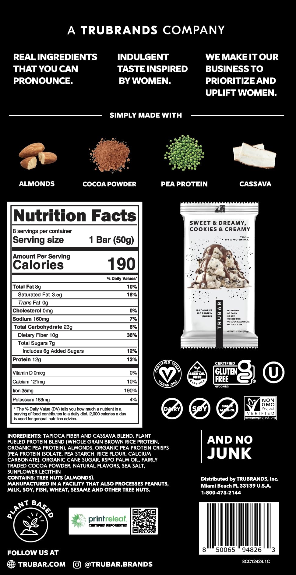 TRUBAR badge showing gluten-free, dairy-free, and soy-free on packaging