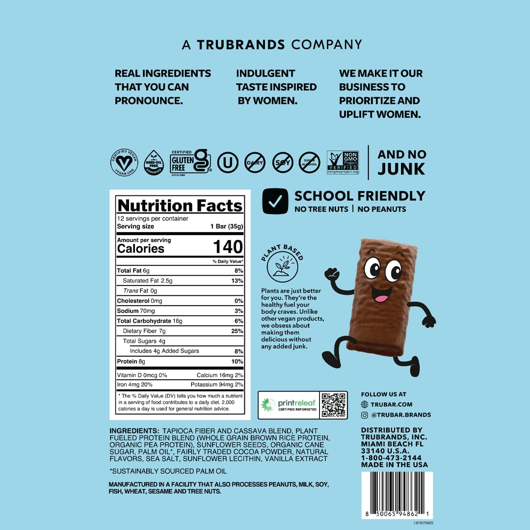 TRUBAR fudge-tastic brownie bar close-up highlighting plant-based protein and rich chocolate flavor.