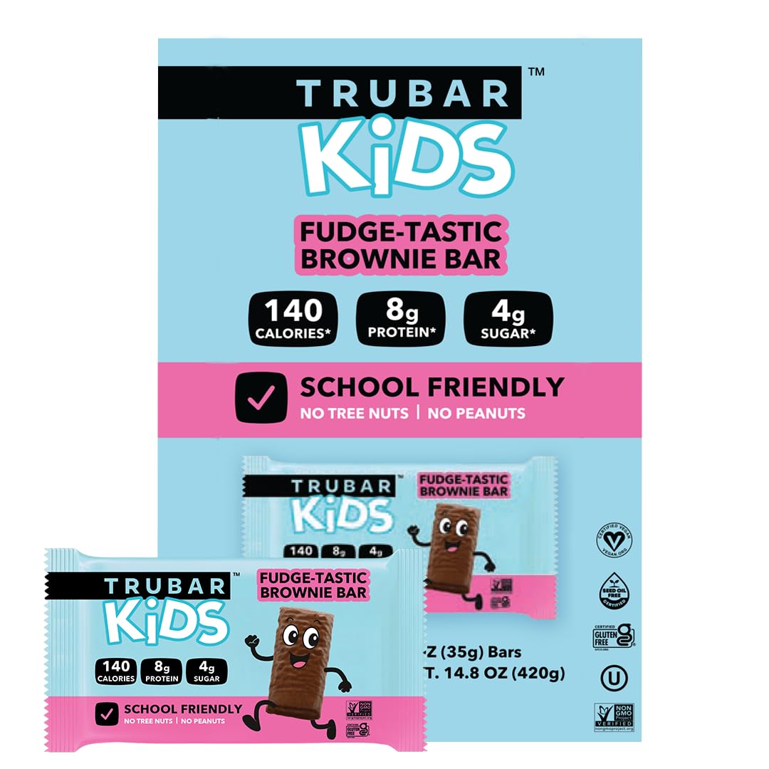 TRUBAR Kids Protein Bars fudge-tastic brownie pack for lunchboxes and on-the-go energy.