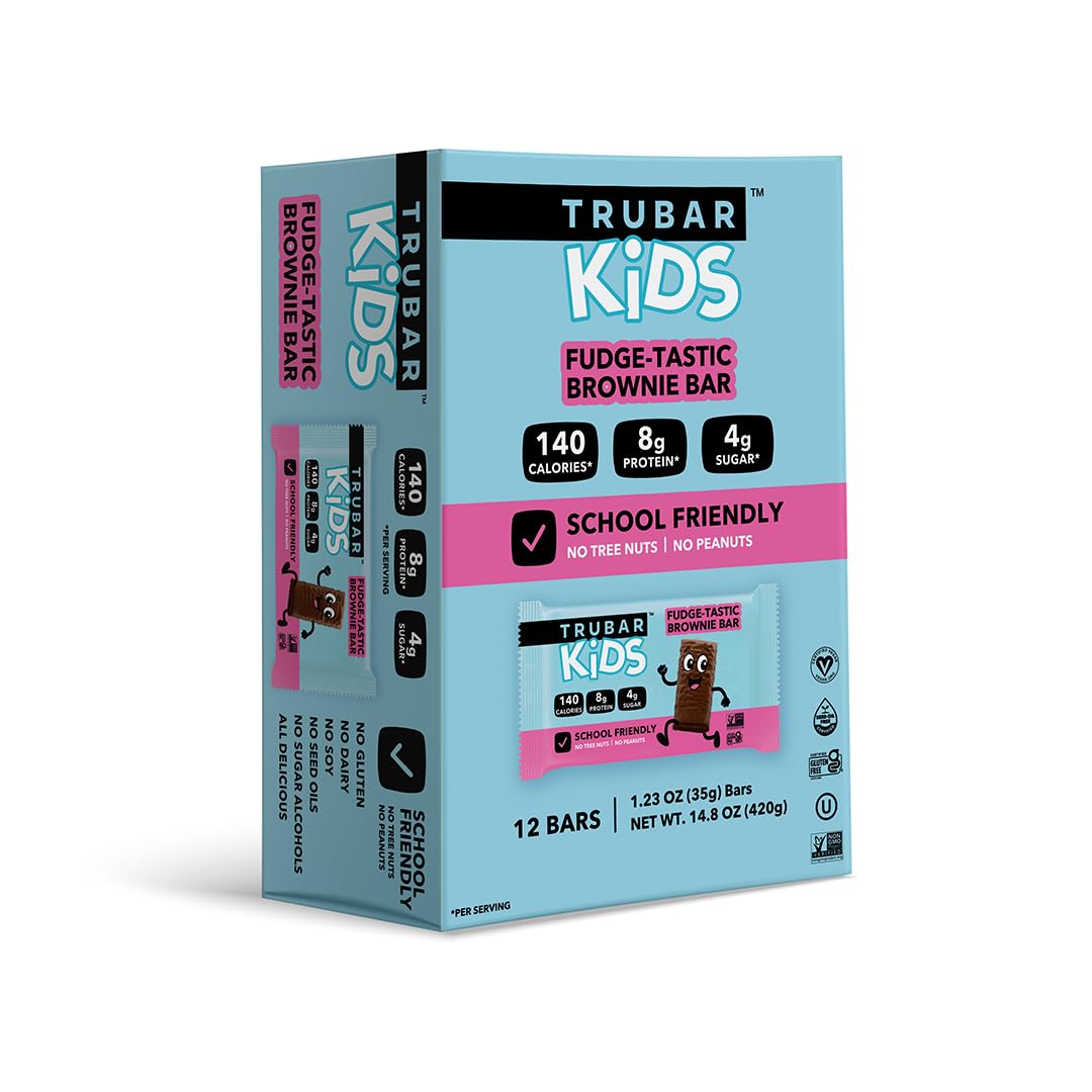TRUBAR fudge-tastic brownie snack time image conveys chewy texture and cocoa goodness.