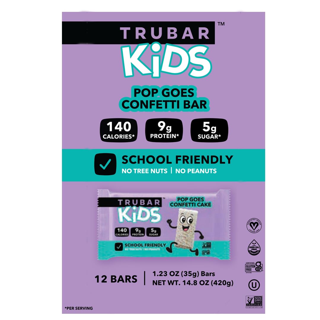 TRUBAR Kids Protein Bars on-the-go packaging, convenient school snack.