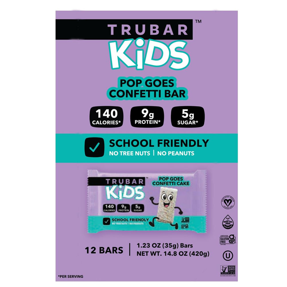 TRUBAR Kids Protein Bars on-the-go packaging, convenient school snack.