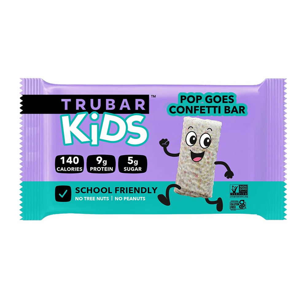 TRUBAR Kids Pop Goes Confetti bar in lunchbox, portable 5g sugar option.
