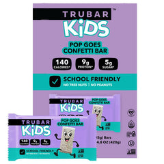 TRUBAR Kids Pop Goes Confetti package front, gluten-free lunchbox snack.