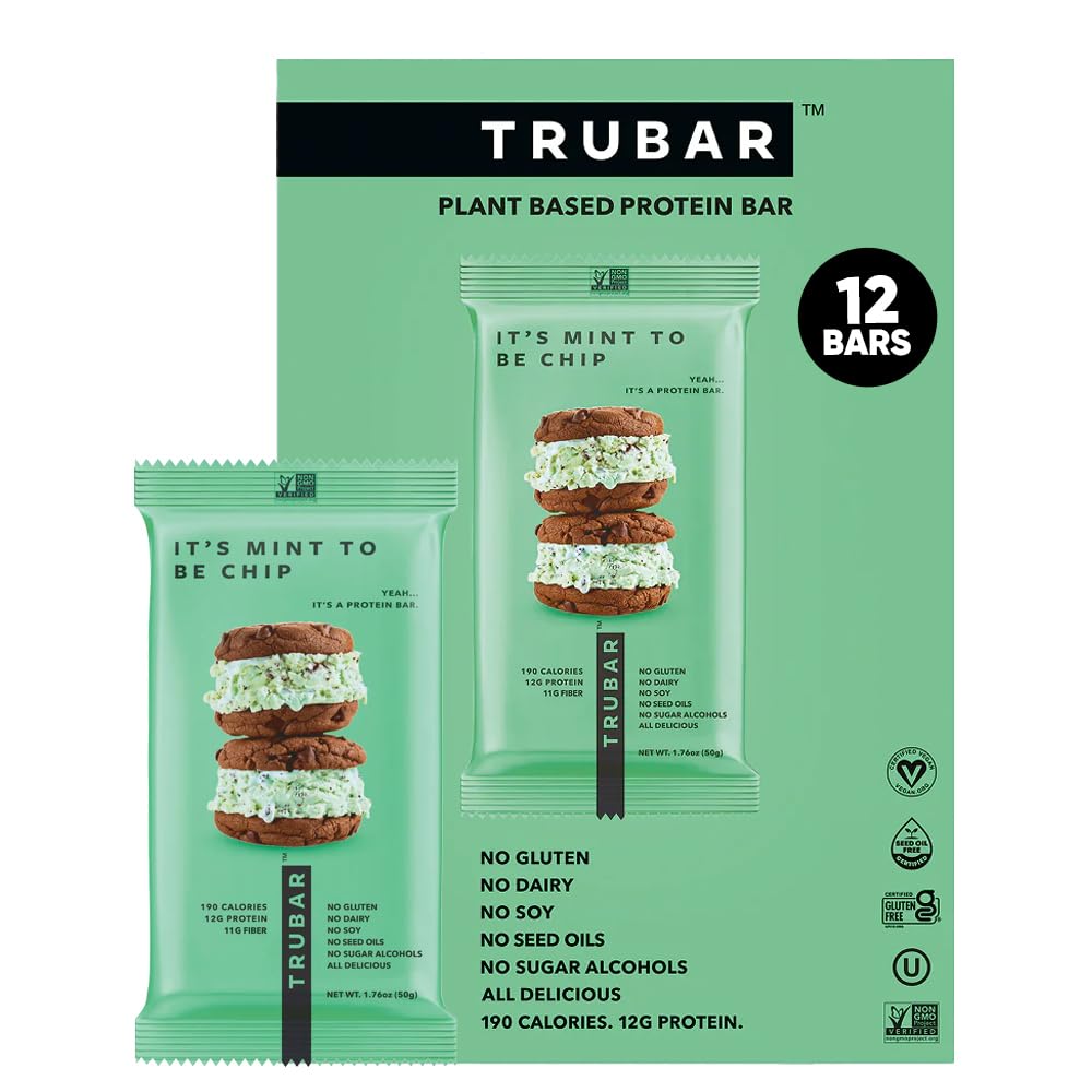 TRUBAR Mint To Be Chip packaging highlights gluten-free, dairy-free, soy-free protein snack.