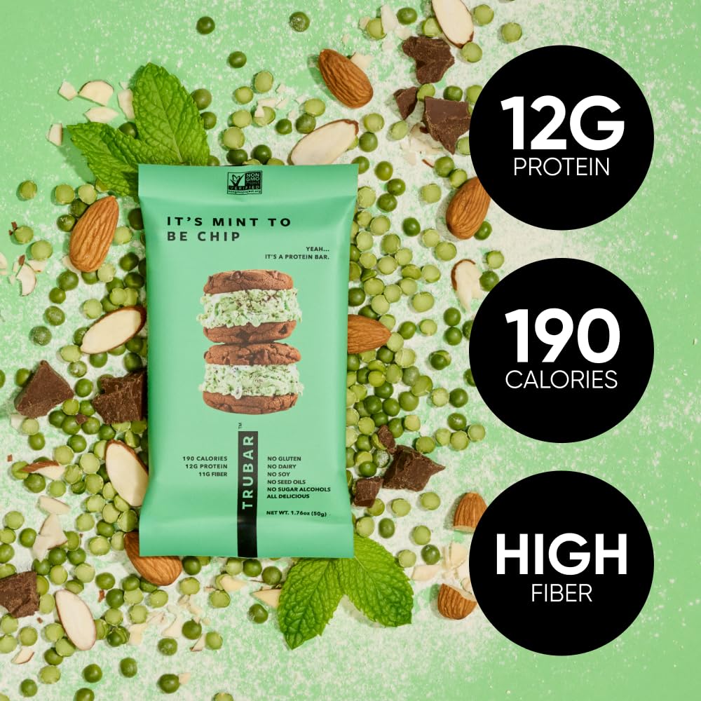 TRUBAR Mint To Be Chip bar slice shows mint and chocolate pairing.
