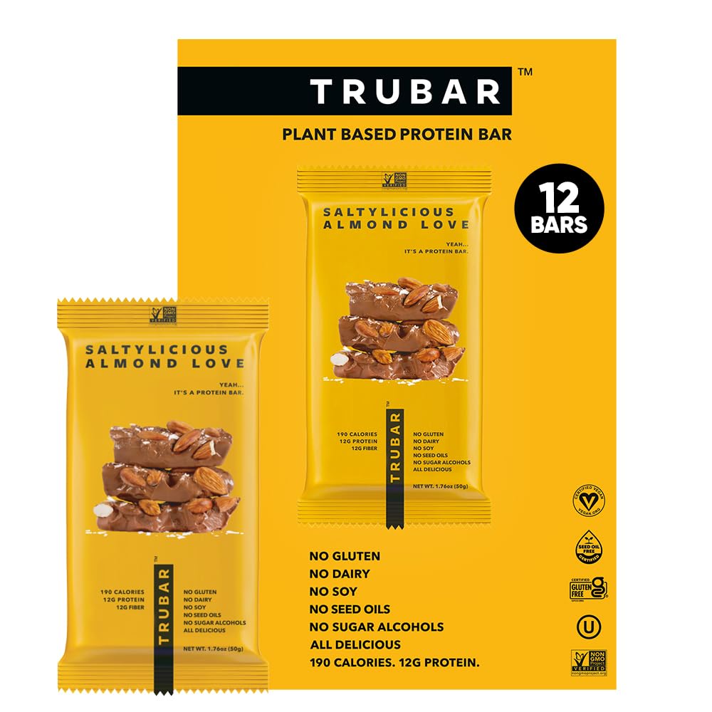 TRUBAR Saltylicious Almond Love bar packaging shows gluten-free dairy-free snack in a convenient carton