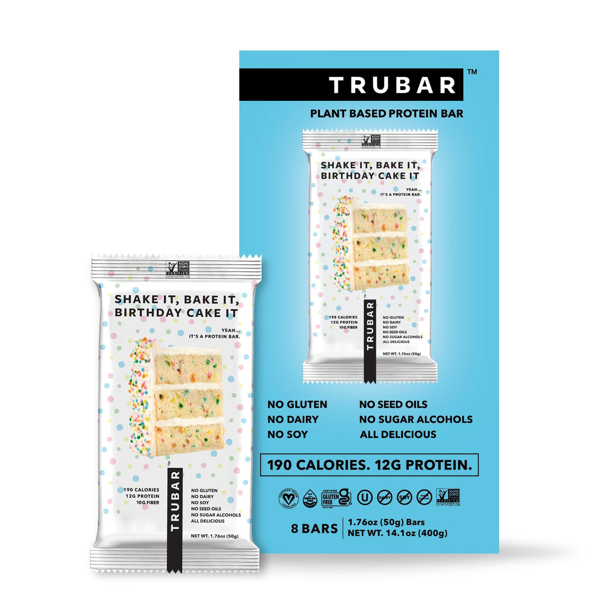 TRUBAR Shake It Bake It Birthday Cake It bar in wrapper for an on-the-go protein boost.