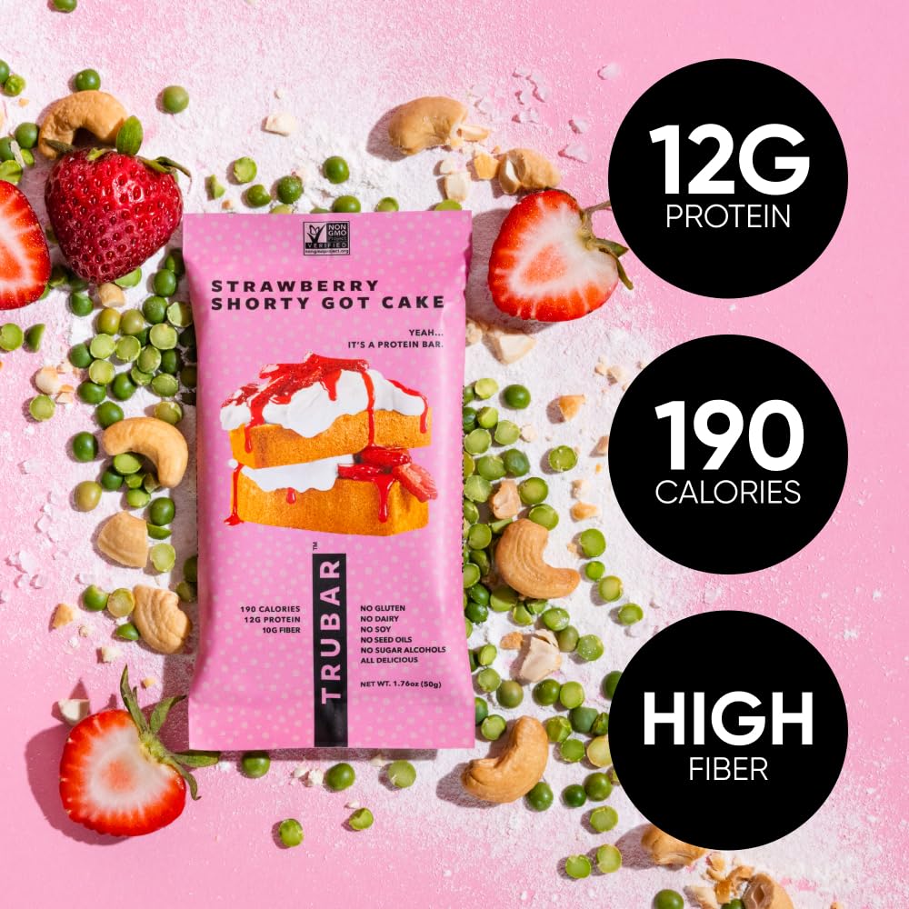 TRUBAR Strawberry Shorty Got Cake bar packaging with gluten-free and non-GMO seals.