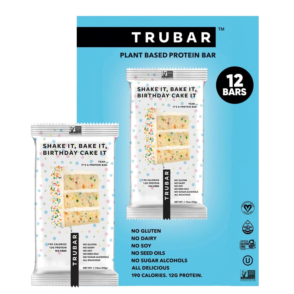 TRUBAR Birthday Cake vegan protein bar packshot showcases gluten-free, plant-based energy