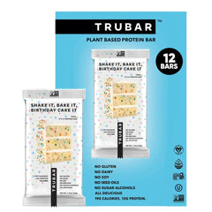 TRUBAR Birthday Cake vegan protein bar packshot showcases gluten-free, plant-based energy