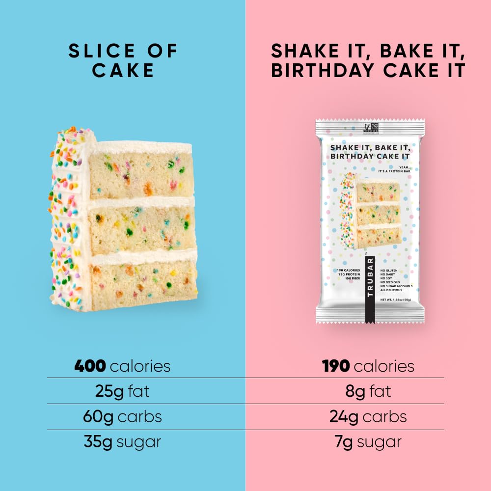 TRUBAR Birthday Cake texture bite shows chewy bar with fiber rich profile