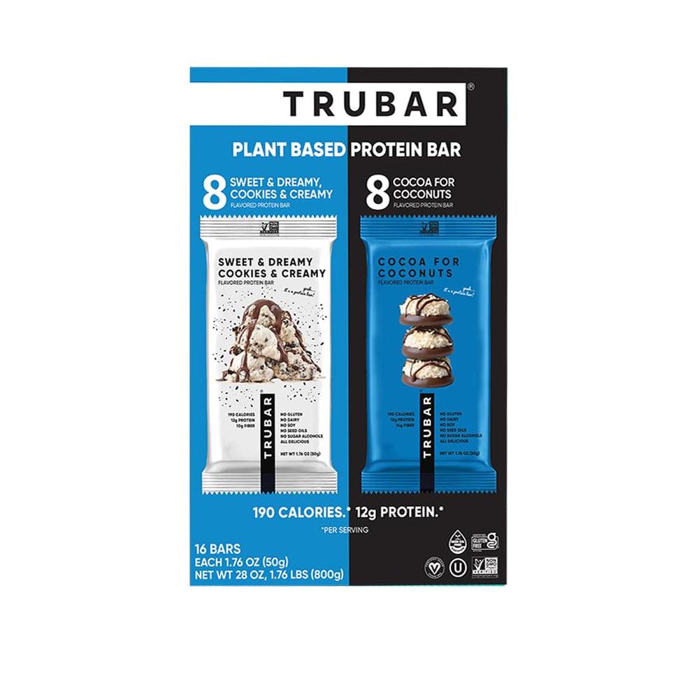 TRUBAR vegan protein bar Cocoa for Coconuts packaging ideal for on-the-go snacking.