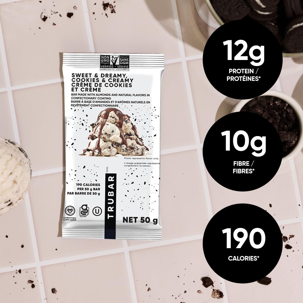 TRUBAR Cookies and Creamy bar close-up showcases swirled cream and cookie chunks.