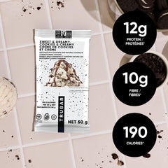 TRUBAR Cookies and Creamy bar close-up showcases swirled cream and cookie chunks.